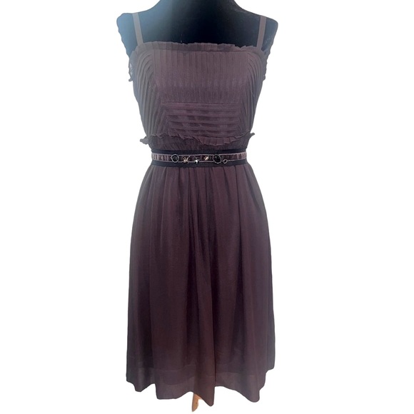 BCBG Maxazria 90s Chocolate Brown Silk Ruffled Trim Sleeveless Pleats Slip Dress - Picture 1 of 14